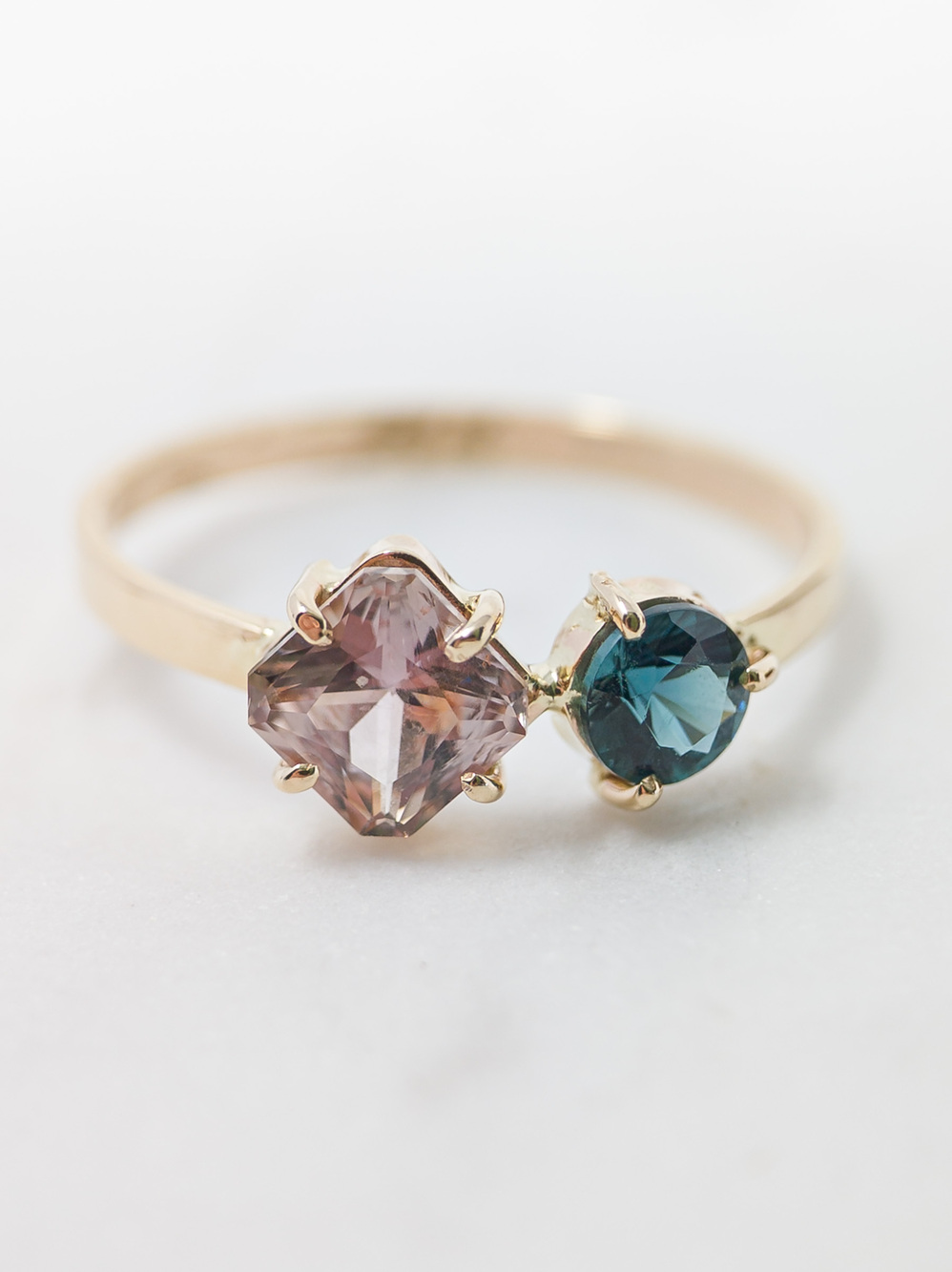 14K Gold Zircon & Tourmaline Two-Stone Ring, Peach & Teal, Sz 6.5